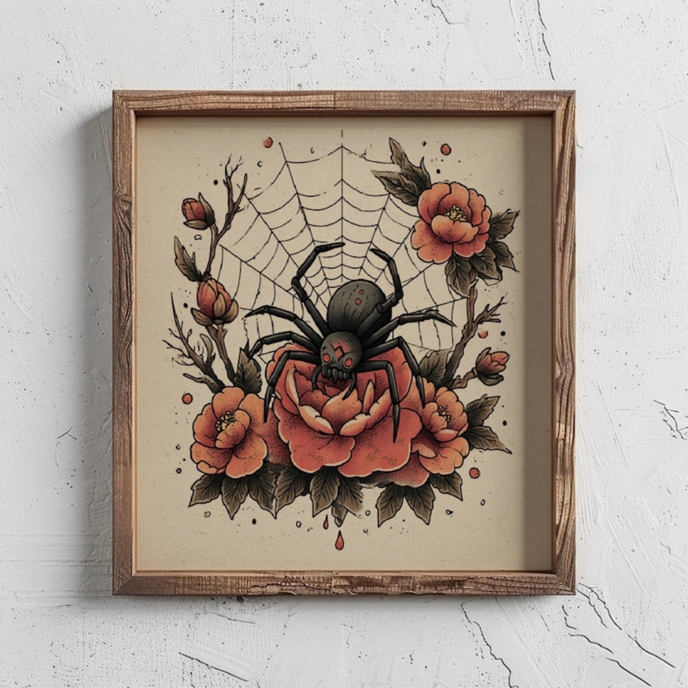 Vintage-Inspired Spooky Floral Halloween Spiderweb Tattoo Flash — Spider Retro
